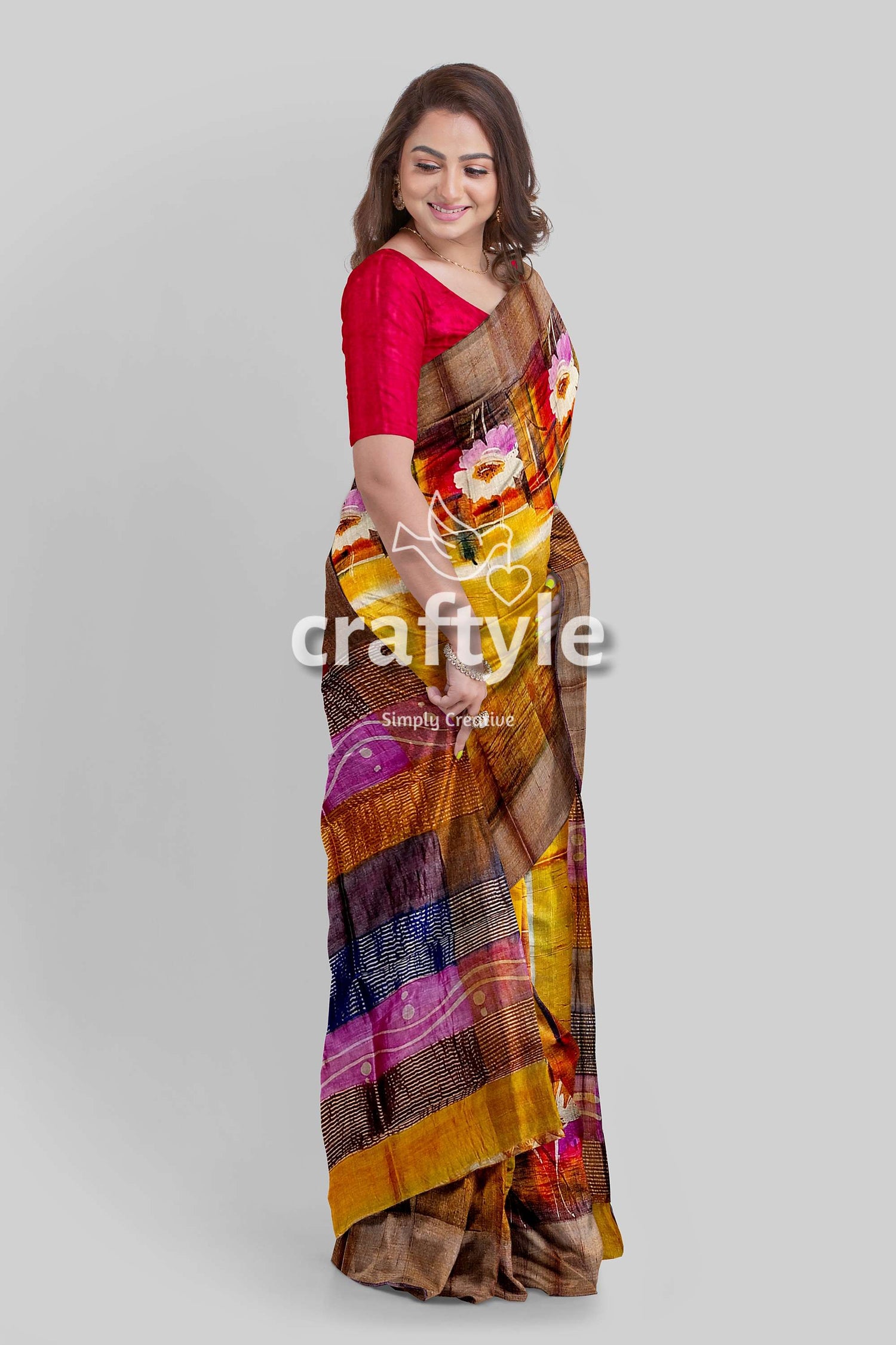 Hand Painted Indian Yellow Pure Tussar Silk Saree with Zari Detailing - Craftyle