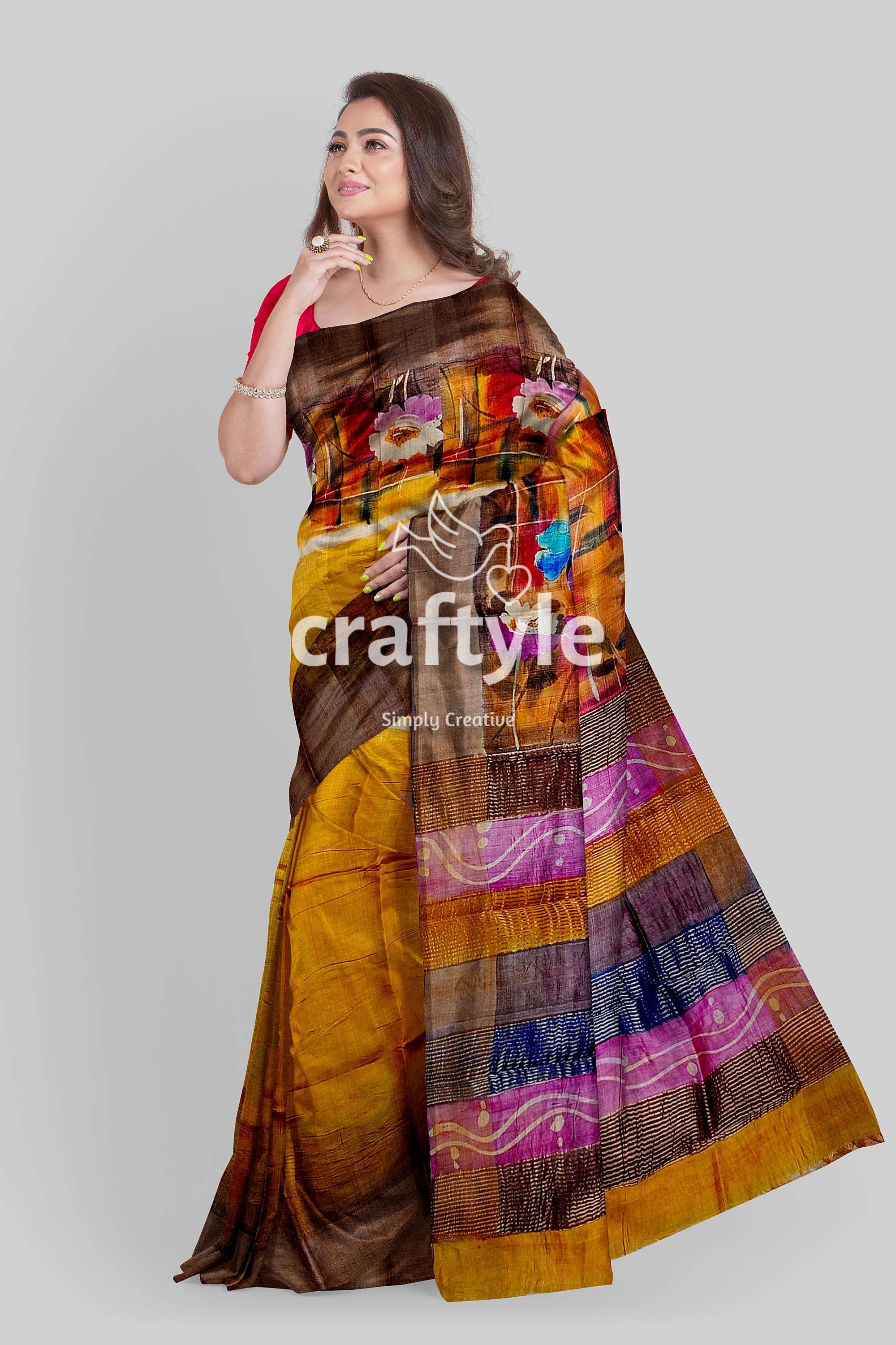 Hand Painted Indian Yellow Pure Tussar Silk Saree with Zari Detailing - Craftyle