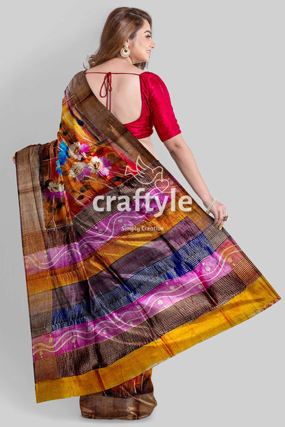 Hand Painted Indian Yellow Pure Tussar Silk Saree with Zari Detailing - Craftyle