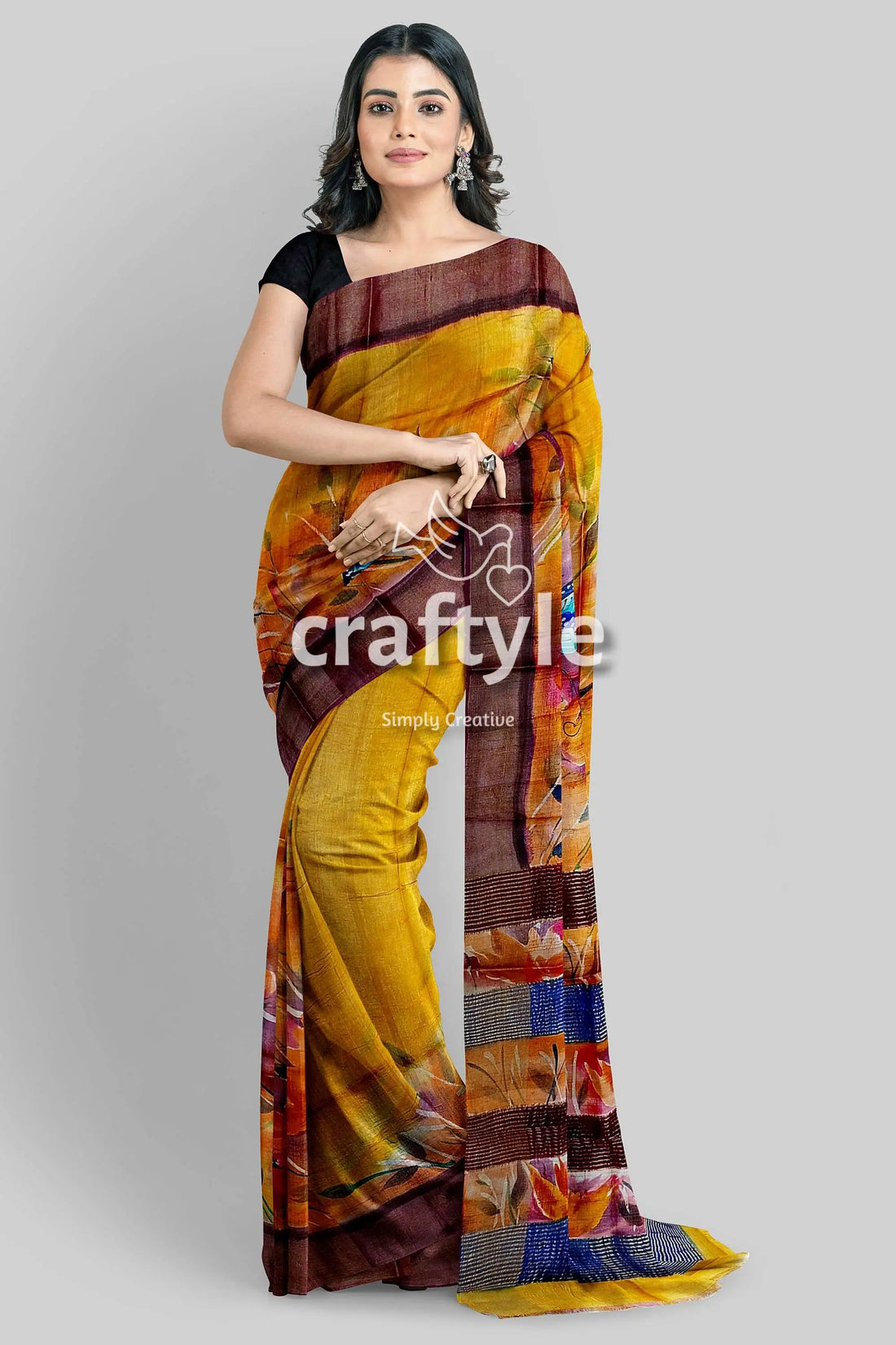 Hand painted indian yellow zari pure tussar silk saree - exquisite design woman yellow brown saree 1