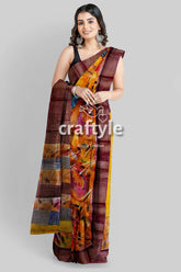 Hand Painted Indian Yellow Zari Pure Tussar Silk Saree - Exquisite Design - Craftyle