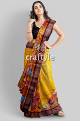 Hand Painted Indian Yellow Zari Pure Tussar Silk Saree - Exquisite Design - Craftyle