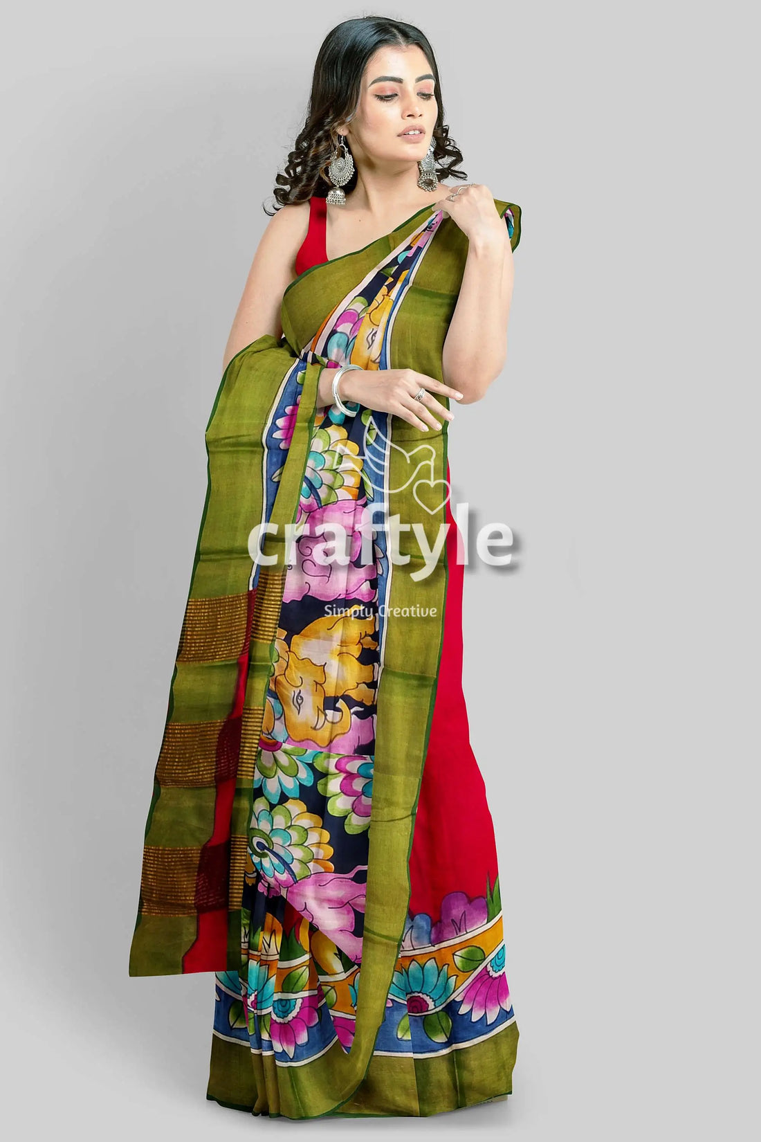 Hand painted kalamkari saree - elephant motif zari border pure tussar silk woman red green saree 2