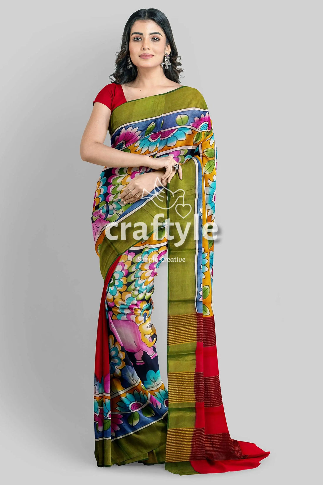 Hand painted kalamkari saree - elephant motif zari border pure tussar silk floral-patterned saree red blouse 1