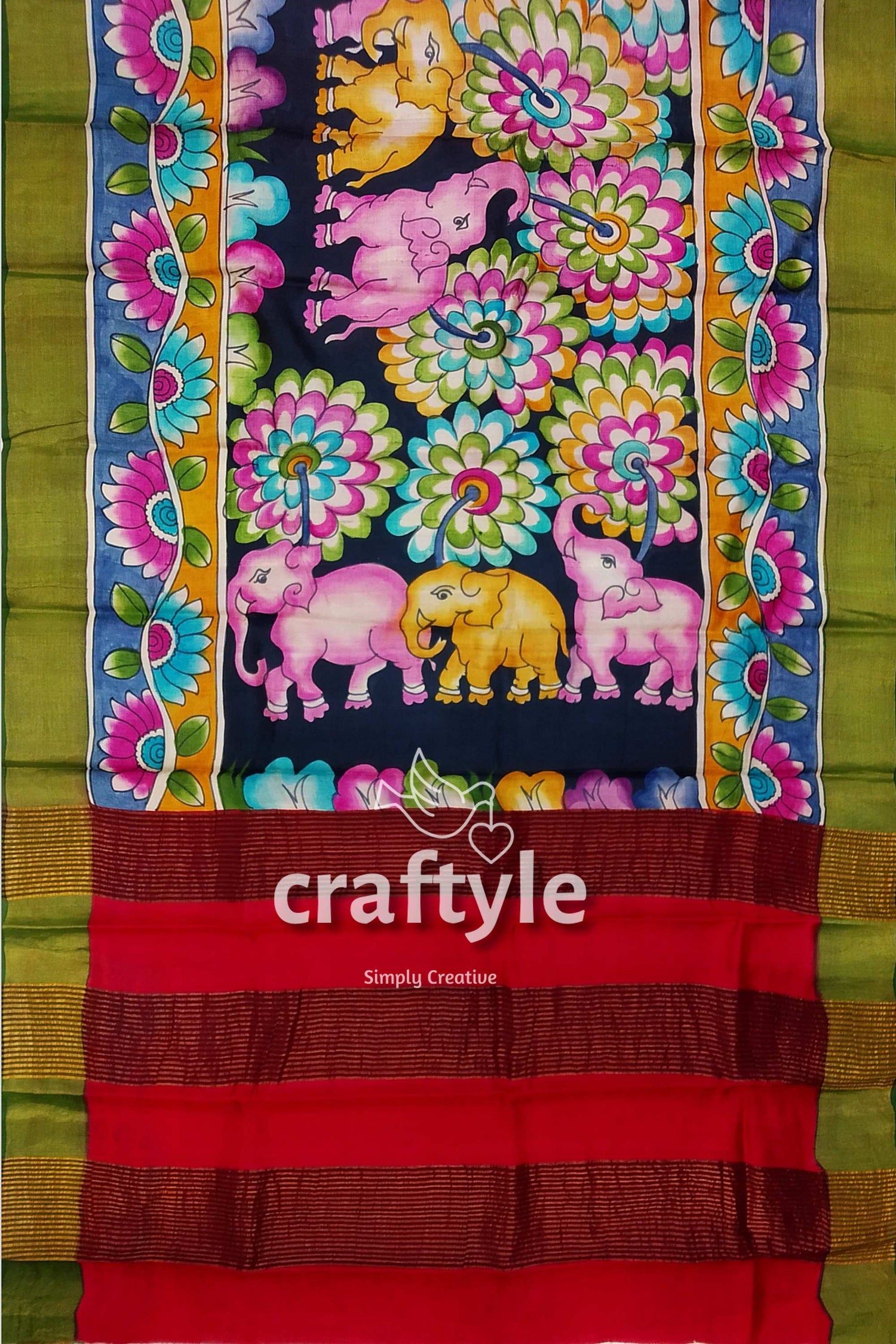 Hand Painted Kalamkari Saree - Elephant Motif Zari Border Pure Tussar Silk - Craftyle