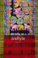 Hand Painted Kalamkari Saree - Elephant Motif Zari Border Pure Tussar Silk - Craftyle