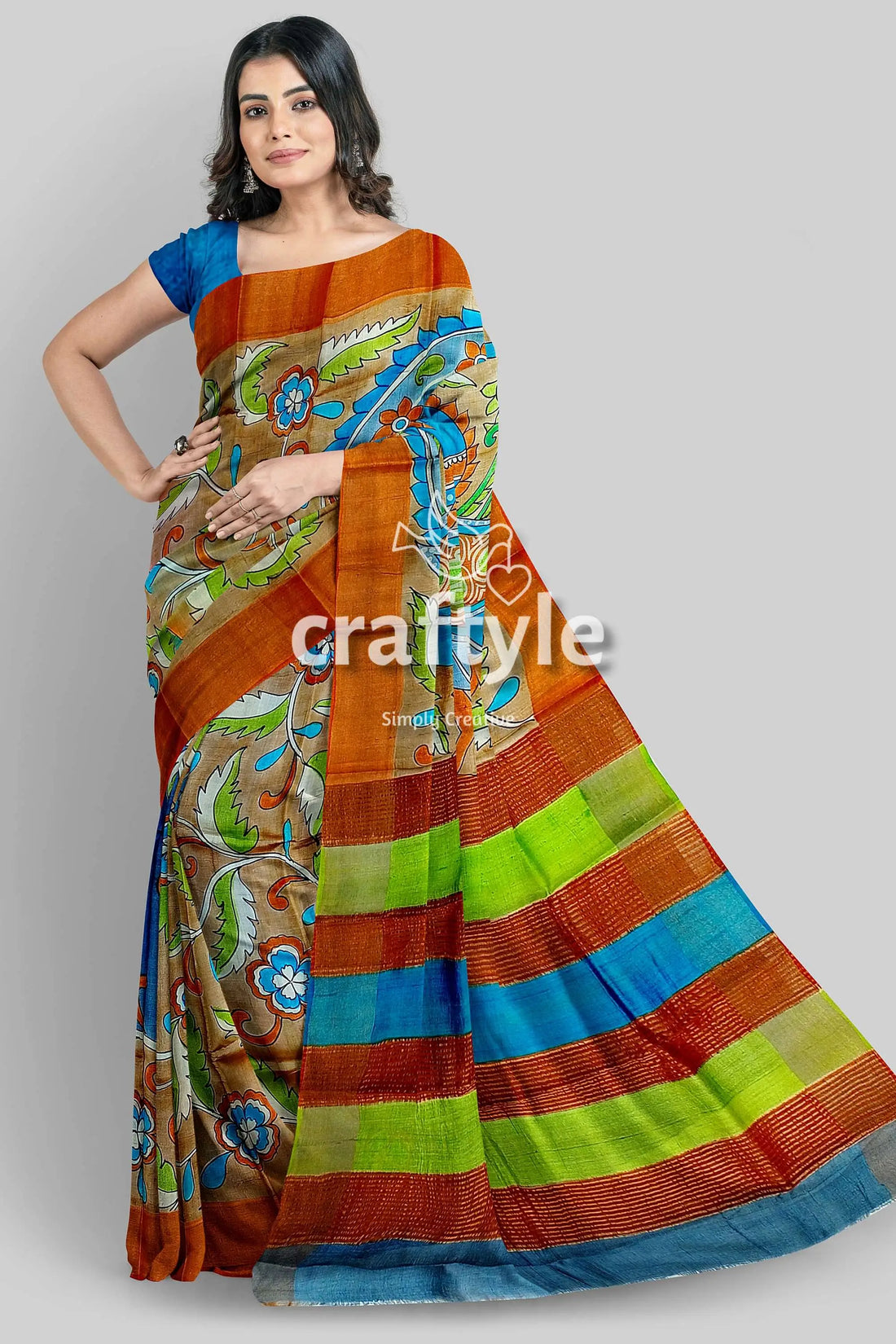 Hand painted kalamkari sari - rodeo dust premium quality zari border pure tussar woman colorful saree 1