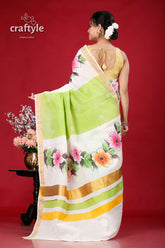 Hand painted kerala cotton saree with floral motif - perfect for any occasion floral-painted white green saree 5