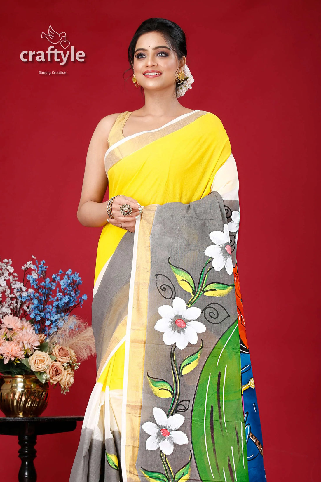 Hand-painted kerala cotton saree with radha krishna design woman yellow gray floral 2