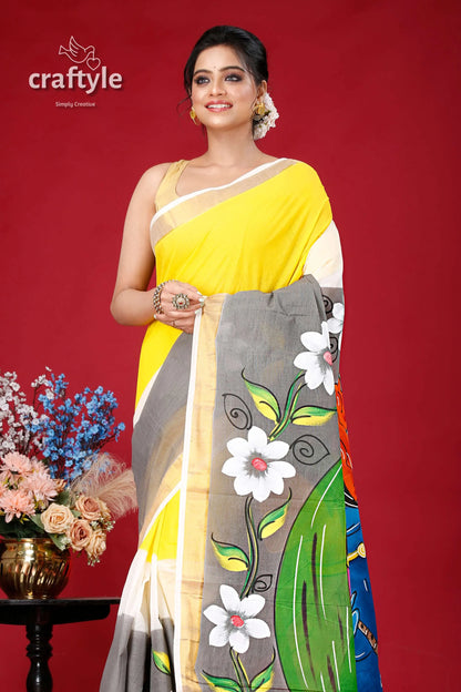 Hand-painted kerala cotton saree with radha krishna design woman yellow gray floral 2