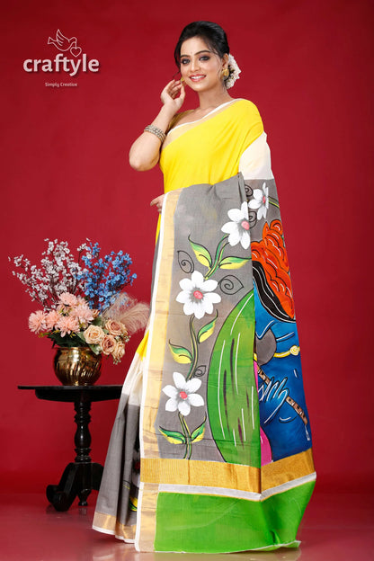 Hand-painted kerala cotton saree with radha krishna design woman yellow painted 3