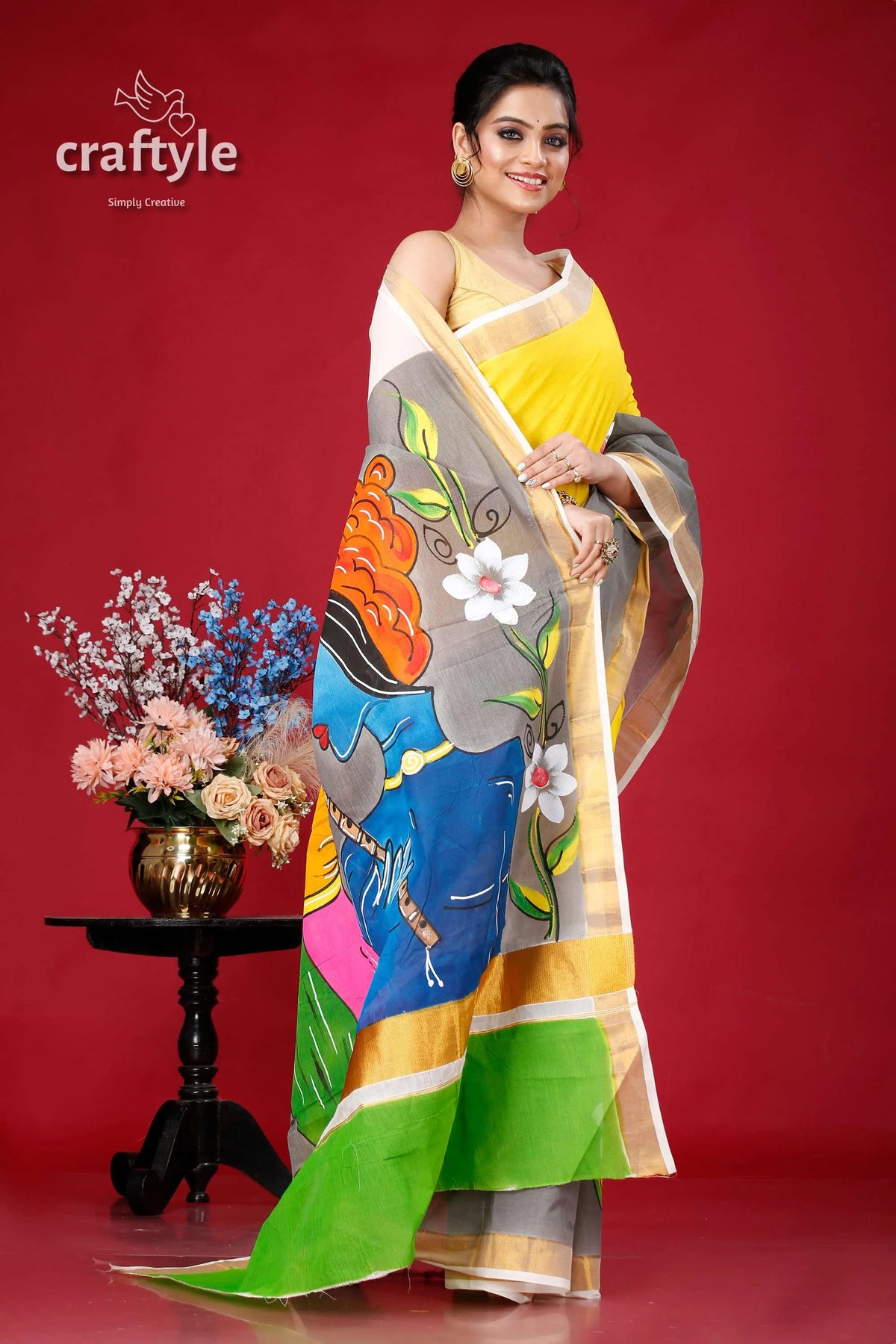 Hand-painted kerala cotton saree with radha krishna design woman 4