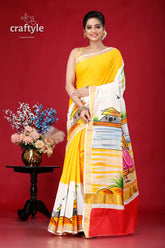 Hand-painted kerala cotton saree with village theme design yellow white hand-painted saree 1