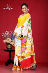 Hand-painted kerala cotton saree with village theme design hand-painted saree yellow bodice red 4
