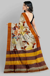 Hand painted light grey floral pure tussar saree with zari detailing floral striped saree 7
