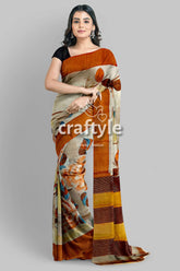 Hand Painted Light Grey Floral Pure Tussar Saree with Zari Detailing - Craftyle