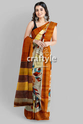 Hand Painted Light Grey Floral Pure Tussar Saree with Zari Detailing - Craftyle