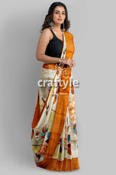 Hand Painted Light Grey Floral Pure Tussar Saree with Zari Detailing - Craftyle