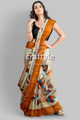 Hand Painted Light Grey Floral Pure Tussar Saree with Zari Detailing - Craftyle