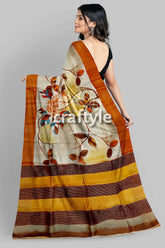 Hand Painted Light Grey Floral Pure Tussar Saree with Zari Detailing - Craftyle