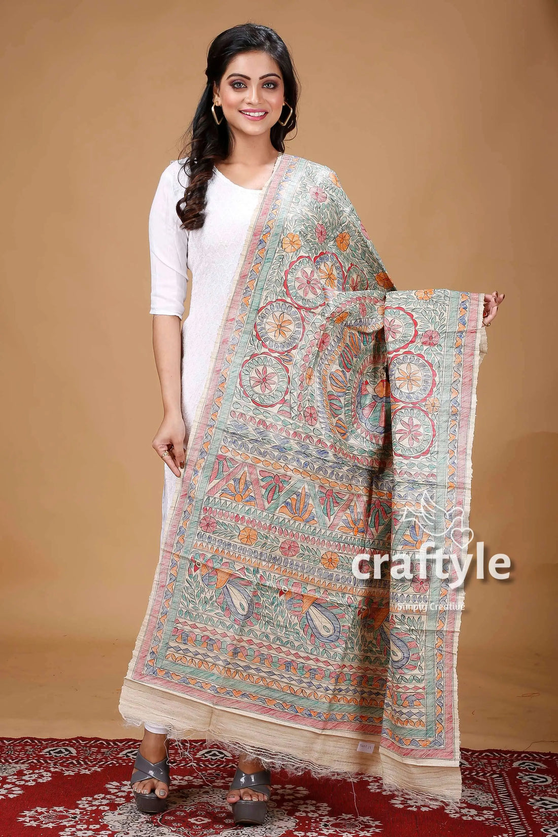 Hand painted madhubani art dupatta embroidered shawl intricate patterns 1