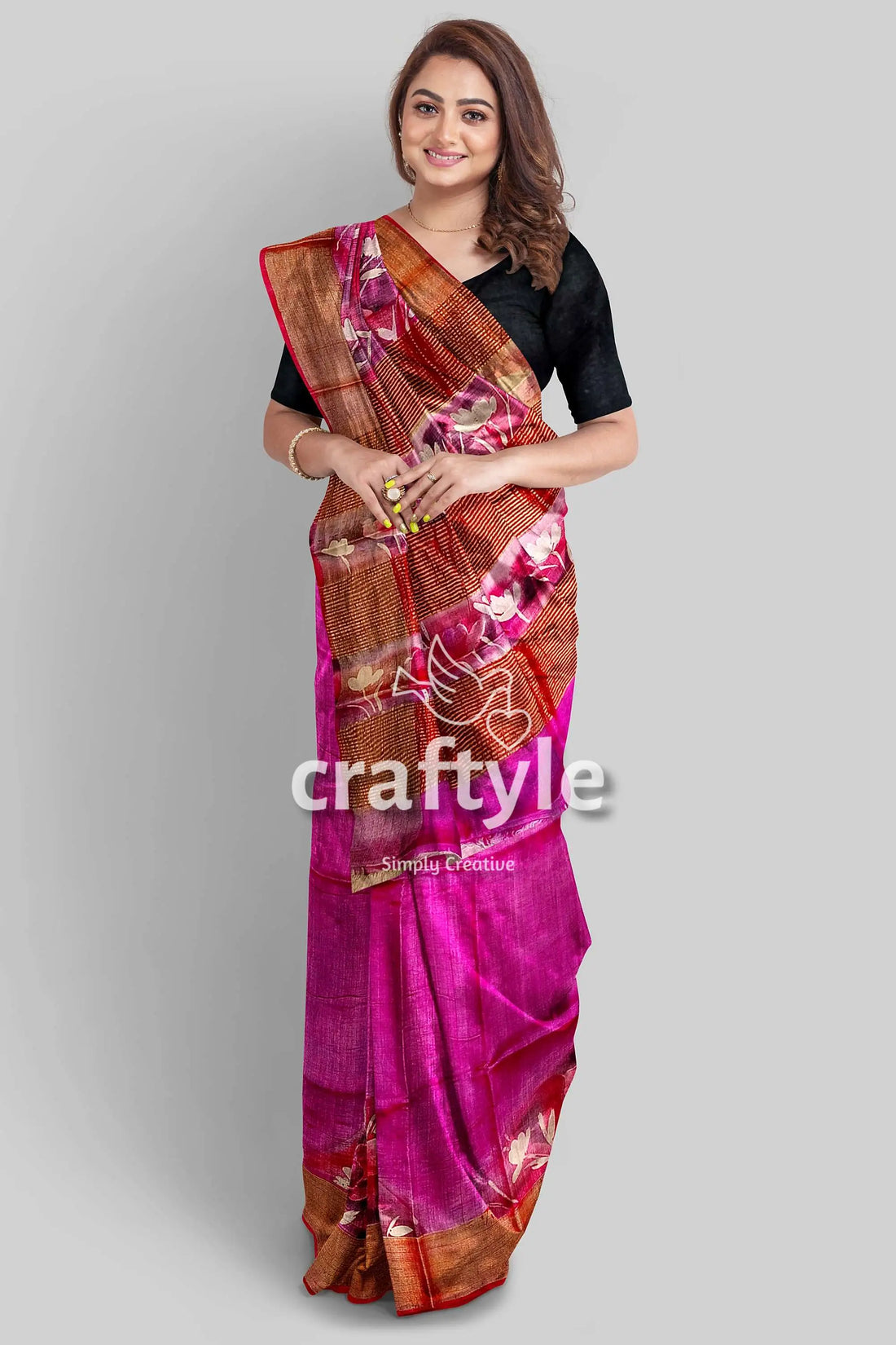 Hand painted magenta zari pure tussar silk saree - luxurious indian attire woman pink brown saree 1