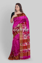 Hand Painted Magenta Zari Pure Tussar Silk Saree - Luxurious Indian Attire - Craftyle