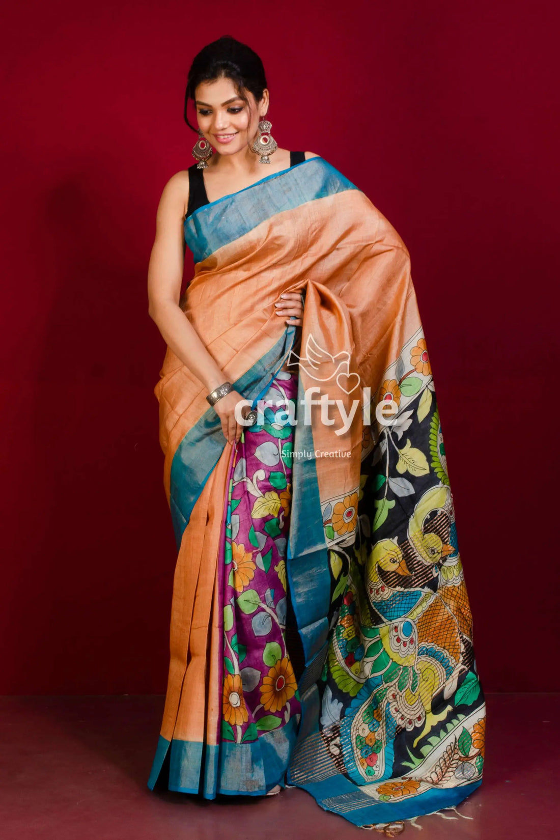 Hand-painted mandys pink zari border pure tussar kalamkari saree woman peach blue saree floral 1