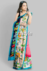 Hand painted multicolor floral kalamkari sari - pure tussar silk with zari border woman floral-patterned saree 2