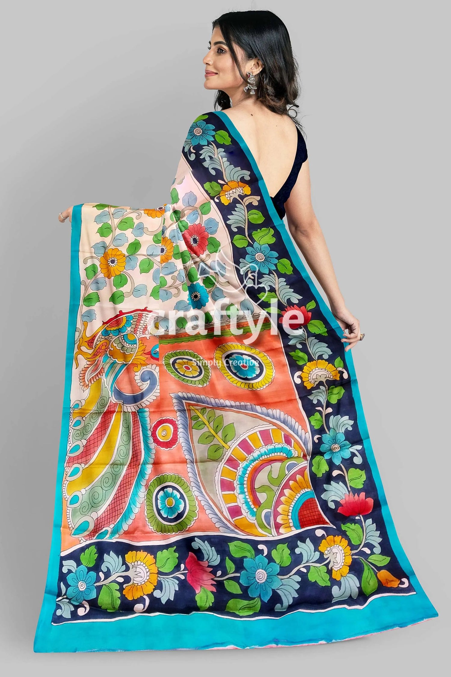 Hand painted multicolor floral kalamkari sari - pure tussar silk with zari border hand-painted silk saree 6
