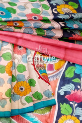 Hand painted multicolor floral kalamkari sari - pure tussar silk with zari border floral-patterned silk saree 7