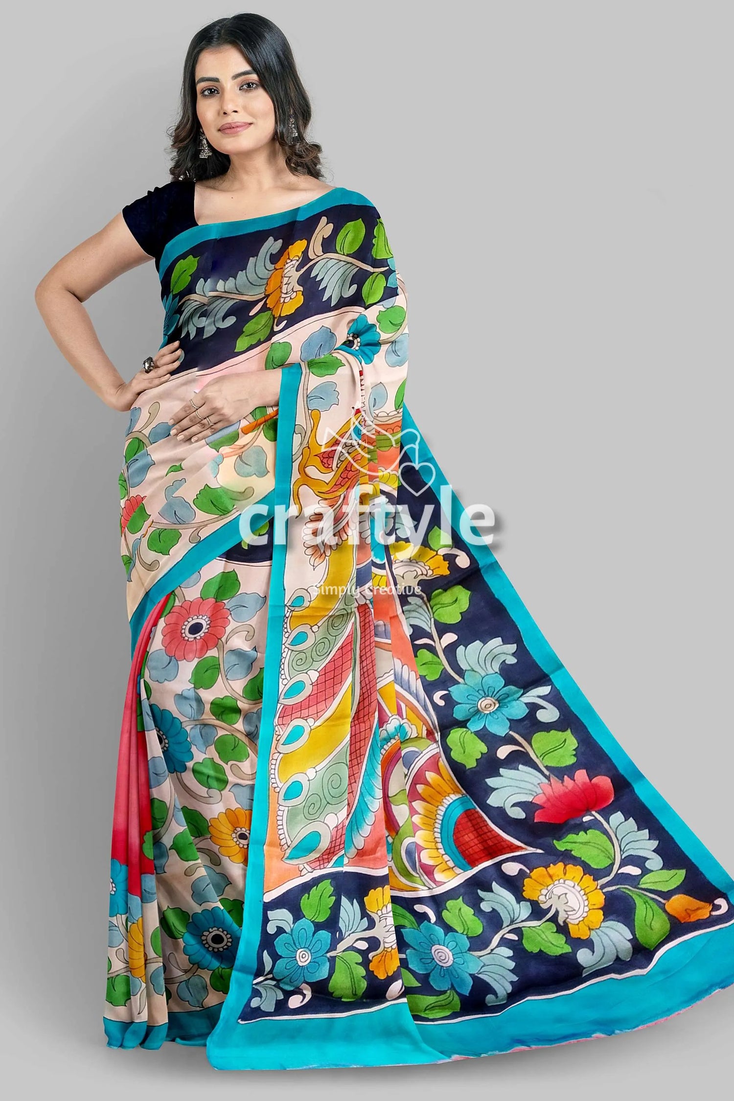 Hand painted multicolor floral kalamkari sari - pure tussar silk with zari border woman floral-patterned saree 5