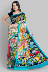 Hand painted multicolor floral kalamkari sari - pure tussar silk with zari border woman floral-patterned saree 5