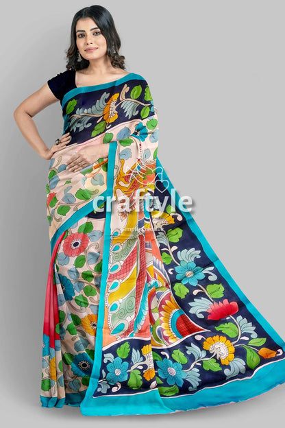 Hand painted multicolor floral kalamkari sari - pure tussar silk with zari border woman floral-patterned saree 5