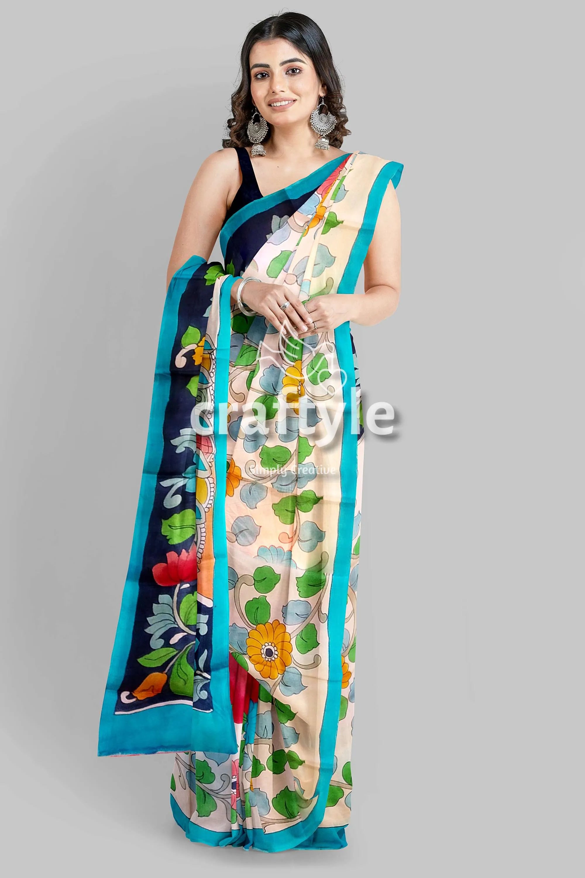 Hand painted multicolor floral kalamkari sari - pure tussar silk with zari border floral-patterned saree blue trim 3