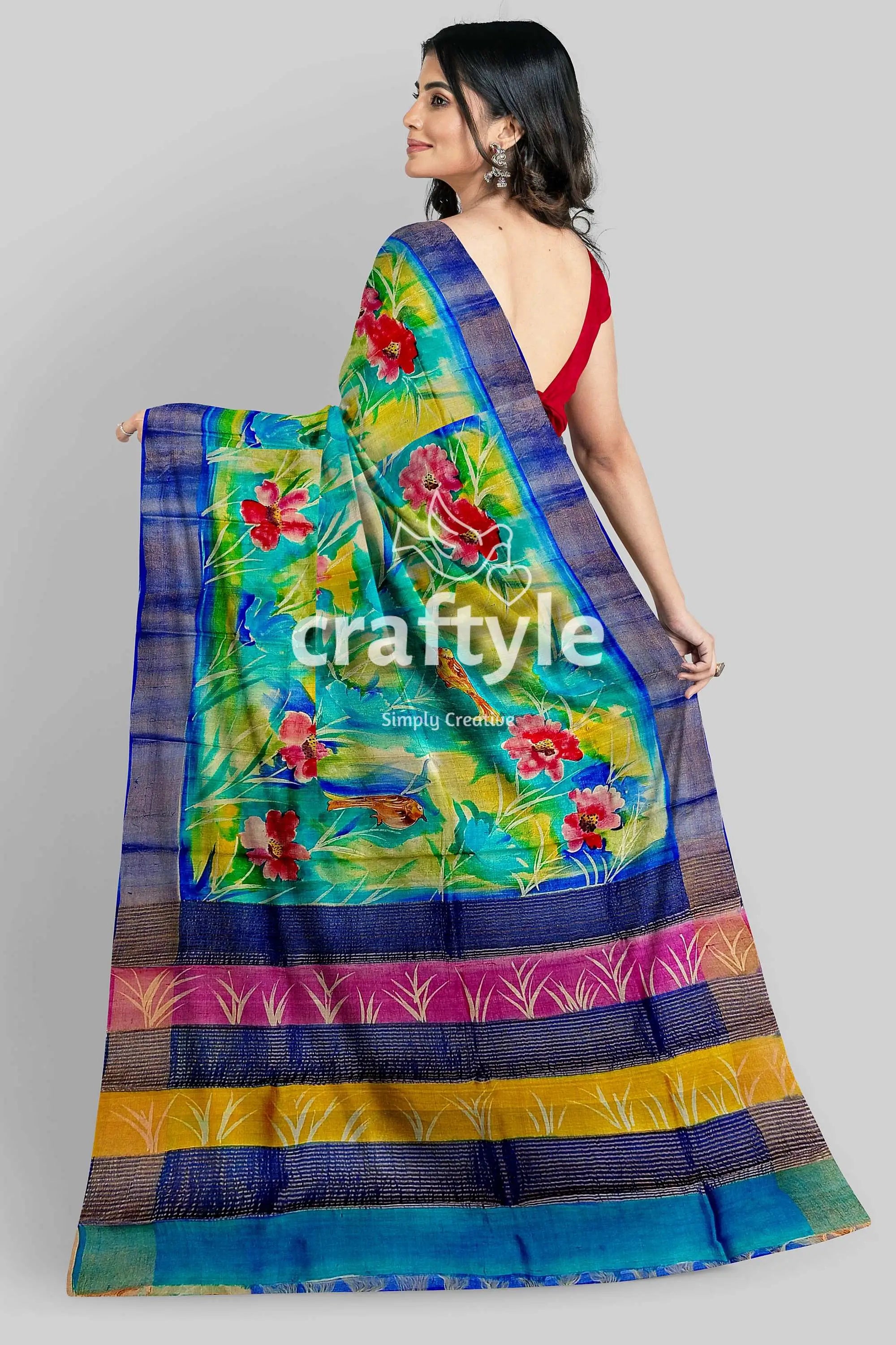 Hand painted multicolor floral zari pure tussar saree - perfect for any occasion colorful floral striped saree 8