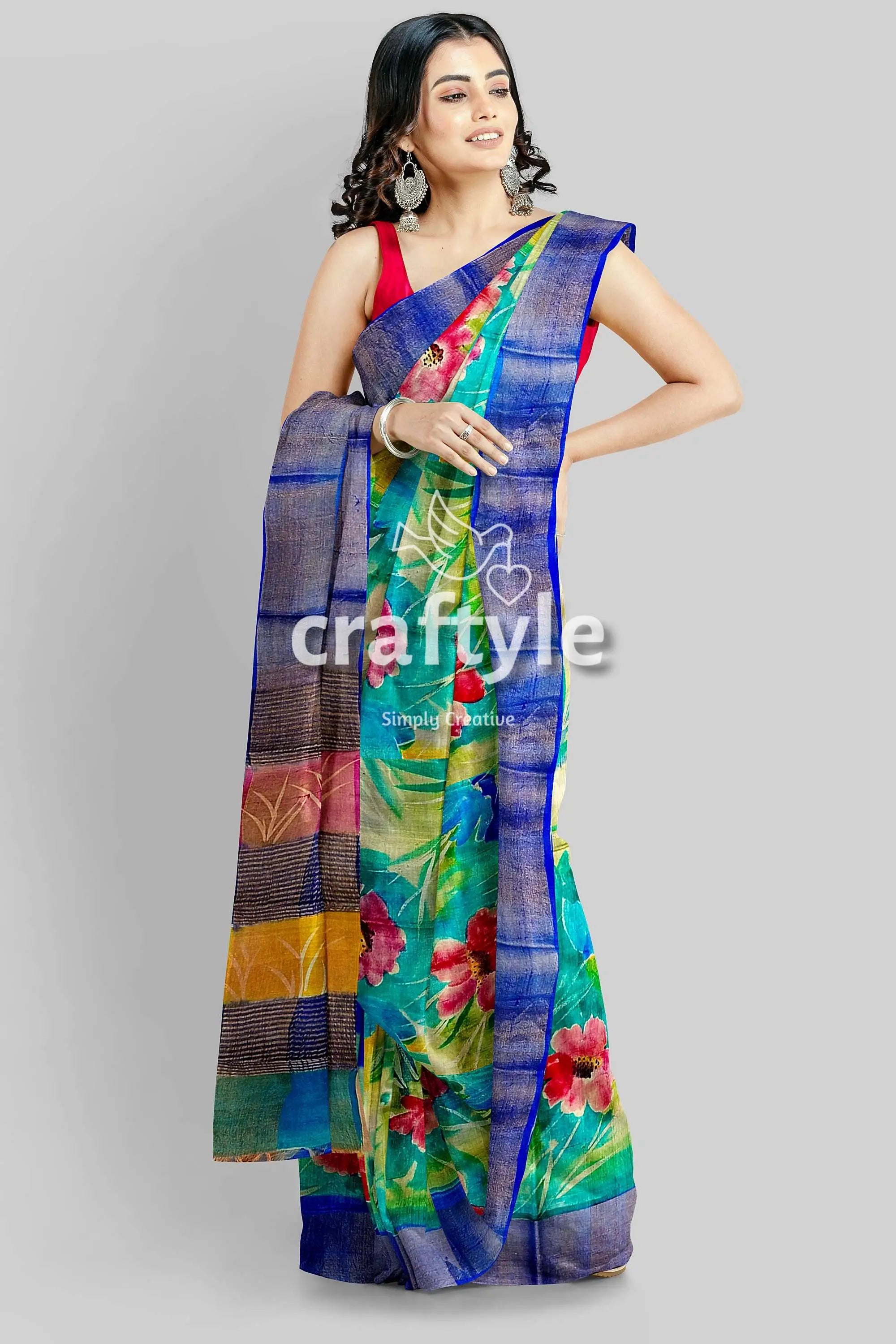 Hand painted multicolor floral zari pure tussar saree - perfect for any occasion floral-patterned saree blue border 4
