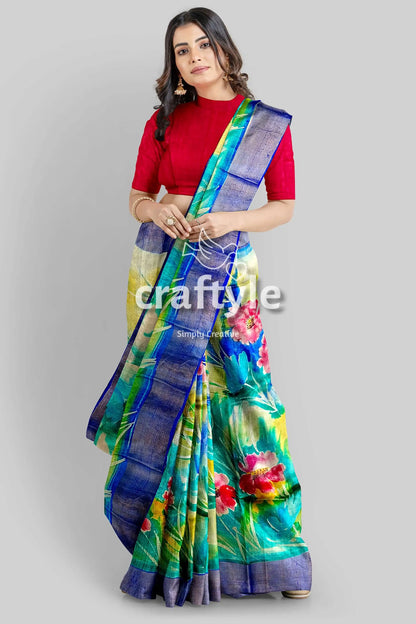 Hand painted multicolor floral zari pure tussar saree - perfect for any occasion woman floral saree 1