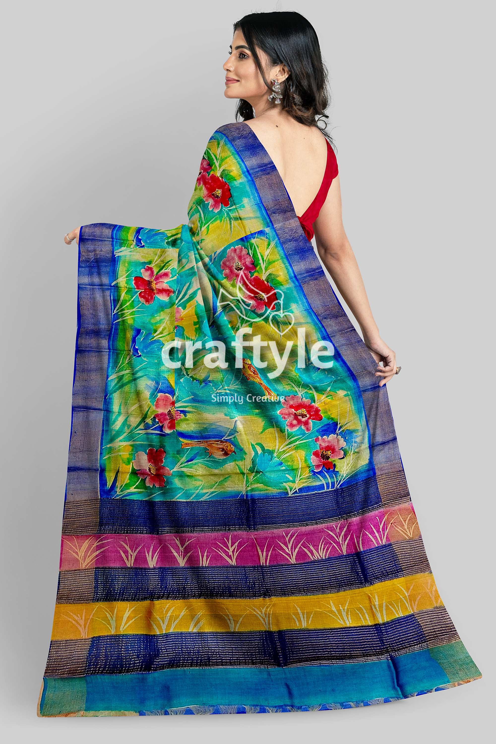 Hand Painted Multicolor Floral Zari Pure Tussar Saree - Perfect for any Occasion - Craftyle