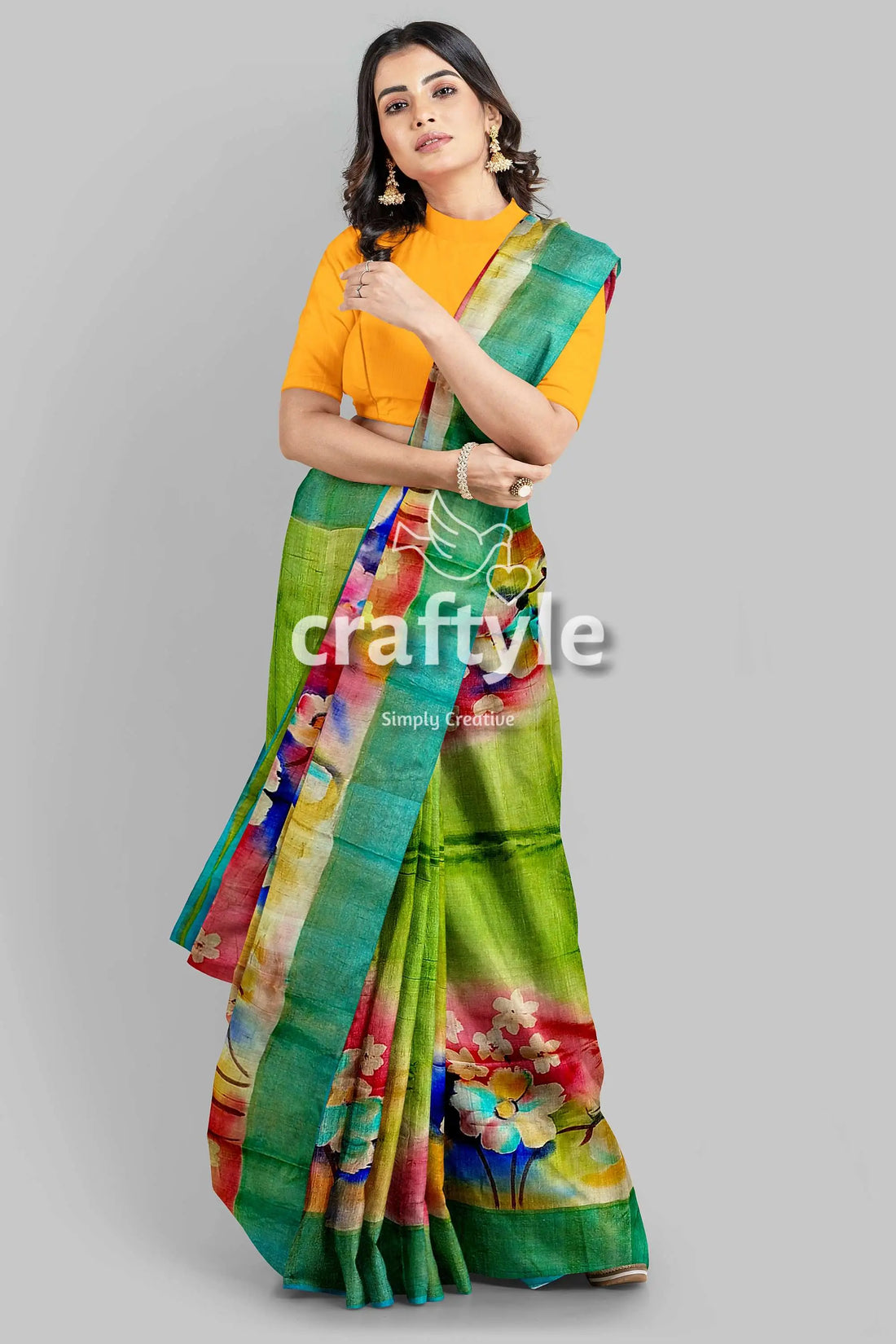 Hand-painted multicolor zari pure tussar silk saree - vibrant android green woman green floral saree 1