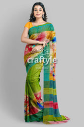 Hand-Painted Multicolor Zari Pure Tussar Silk Saree - Vibrant Android Green - Craftyle
