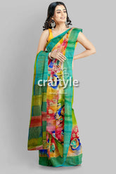 Hand-Painted Multicolor Zari Pure Tussar Silk Saree - Vibrant Android Green - Craftyle