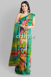 Hand-Painted Multicolor Zari Pure Tussar Silk Saree - Vibrant Android Green - Craftyle