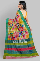 Hand-Painted Multicolor Zari Pure Tussar Silk Saree - Vibrant Android Green - Craftyle
