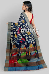 Hand painted onyx black pure tussar kalamkari sari with zari border dark blue saree floral figure 7