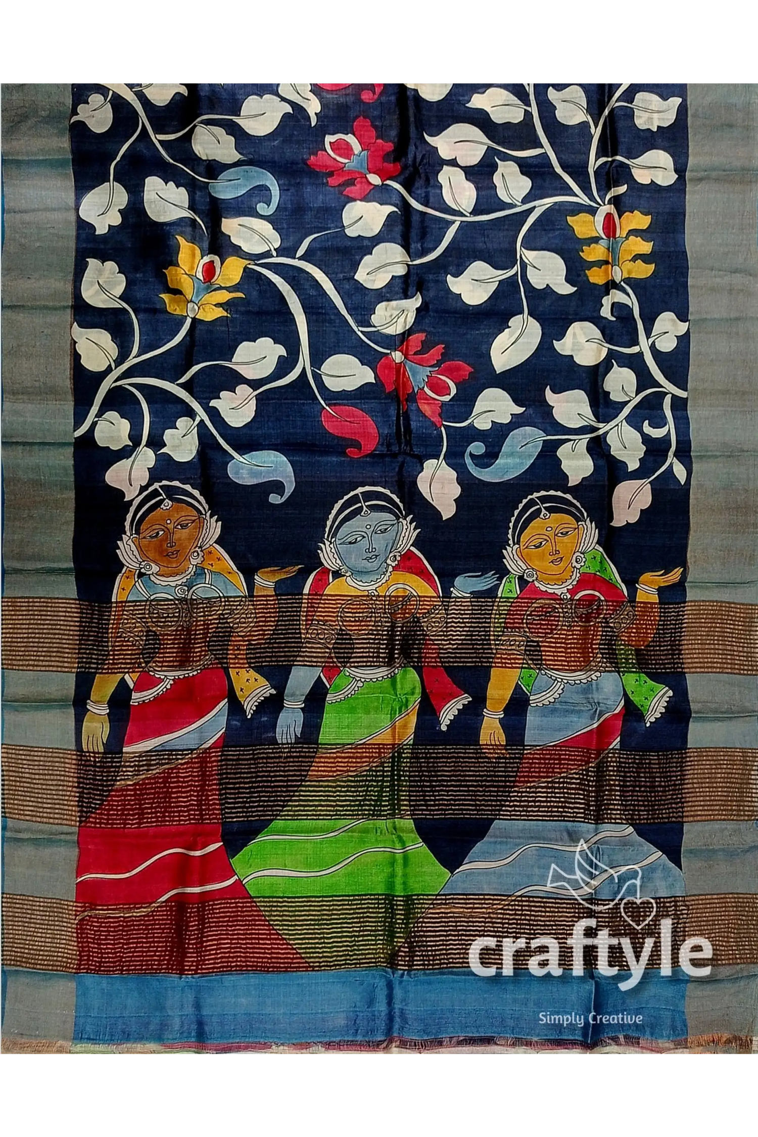 Hand painted onyx black pure tussar kalamkari sari with zari border hand-painted saree floral figure motifs 8