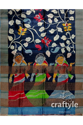 Hand painted onyx black pure tussar kalamkari sari with zari border hand-painted saree floral figure motifs 8