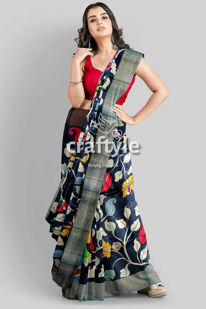 Hand painted onyx black pure tussar kalamkari sari with zari border woman floral saree 5