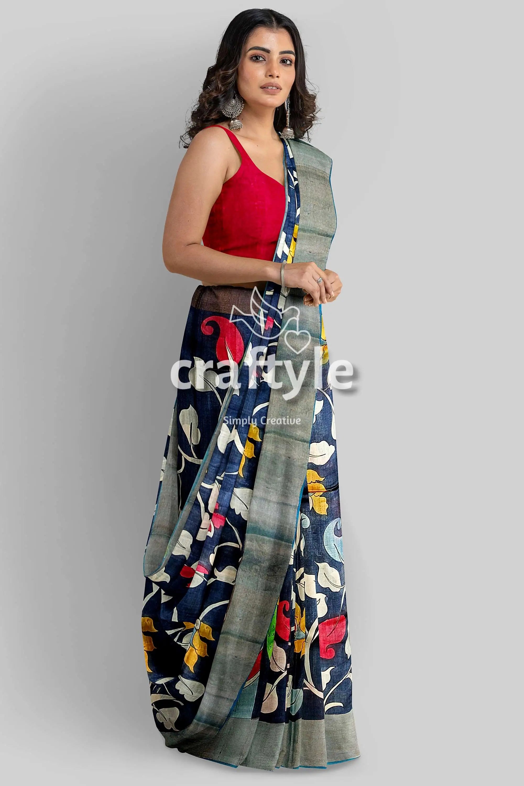 Hand painted onyx black pure tussar kalamkari sari with zari border woman floral saree 4
