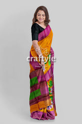Hand Painted Orange Zari Pure Tussar Silk Saree with Floral Design - Craftyle